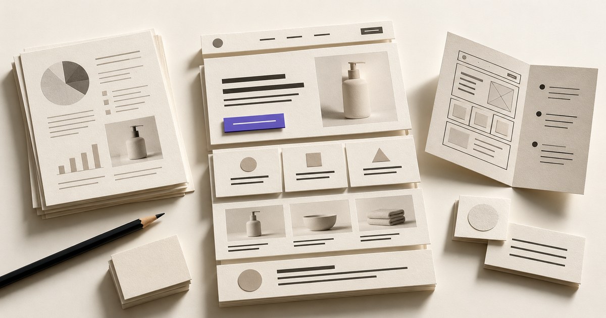 An illustrated landing-page toolkit with research notes and a page taking shape